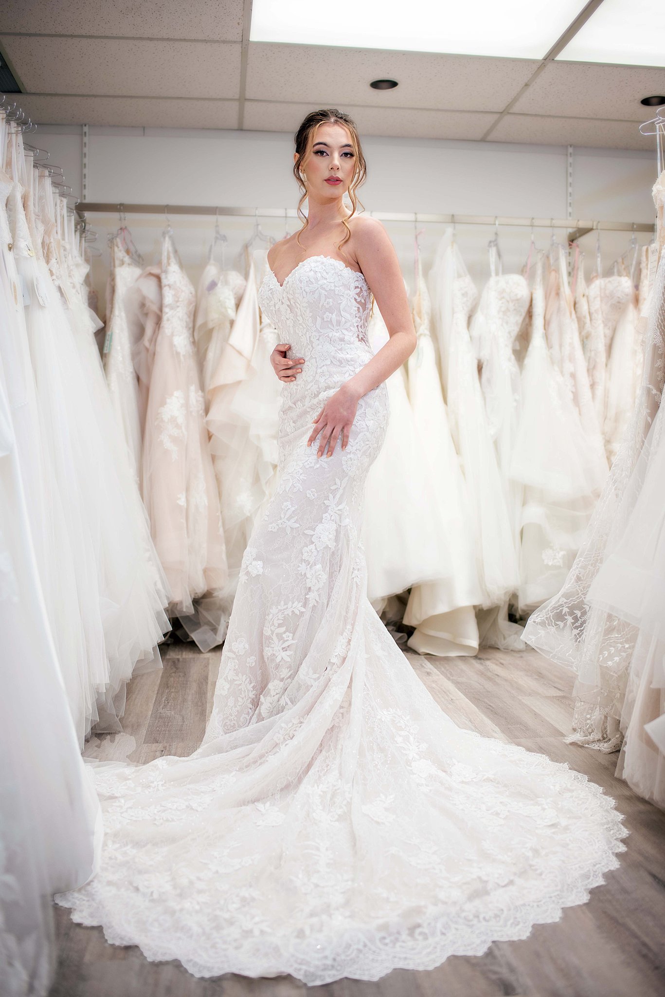 bride wearing a sweetheart gown at Edmonton Wedding Dress Consignment